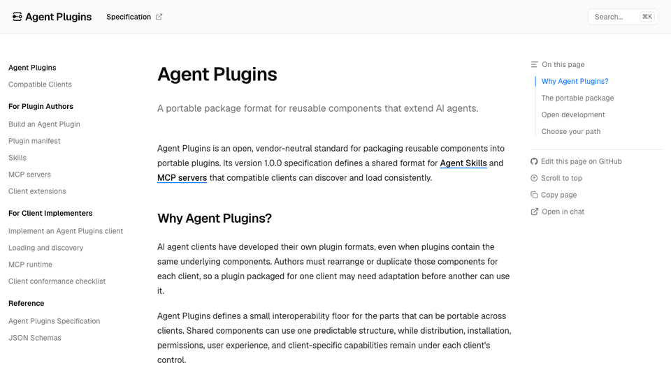 The agent-plugins.org documentation site, showing the specification's stated goal: a portable package format for reusable components that extend AI agents.
