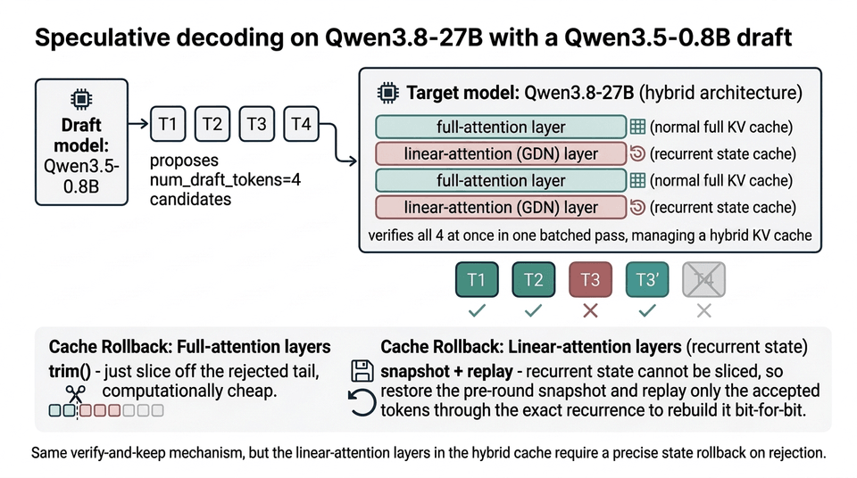 Diagram of speculative decoding on Qwen3.8-27B with a Qwen3.5-0.8B draft model, showing the draft model proposing four candidate tokens, the target model's hybrid stack of full-attention and linear-attention (GDN) layers verifying them in one batched pass, and the two different cache rollback paths on a partial rejection: a cheap trim for full-attention layers versus a snapshot-and-replay of the exact recurrence for linear-attention layers