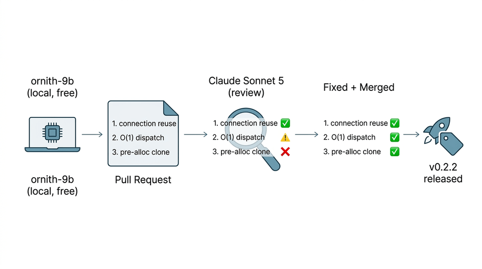 Diagram of the review pipeline: ornith-9b generates a pull request locally with three claimed optimizations, Claude Sonnet 5 reviews each claim against the diff and marks one correct, one mislabeled, and one incorrect, then the incorrect one is fixed for real before merge and quecto-agent v0.2.2 is released