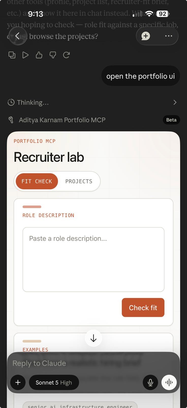 The Portfolio MCP App's Fit Check tab rendered inline in the Claude mobile app, showing a role-description textarea and Check fit button styled to match the site's design system